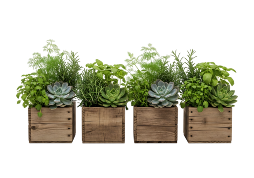Four rustic wooden square planters containing a variety of fresh green herbs and succulent plants, isolated on transparent background
