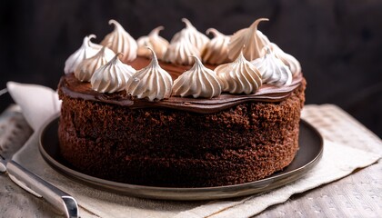 chocolate cake with meringue curls
