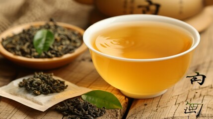 A close up of loose leaf tea with a tea bag and traditional teapot arrangement for tea lovers