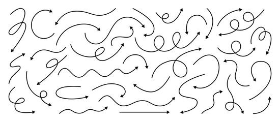 Black arrow icons with curved lines and dynamic loops. Set for infographics, navigation design, and web direction pointers with elegant swirls.