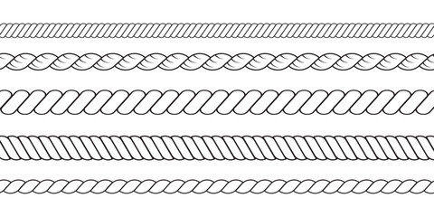 Set of rope knot. Nautical, travel loop. Vintage outline vector border isolated on white background. Line art. Knit patterns and rope brushes. Rope textures. © Hike Studio 5