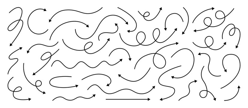 Black arrow icons with curved lines and dynamic loops. Set for infographics, navigation design, and web direction pointers with elegant swirls.