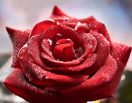 close up of dew covered red rose petals in bloom