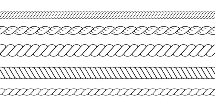 Set of rope knot. Nautical, travel loop. Vintage outline vector border isolated on white background. Line art. Knit patterns and rope brushes. Rope textures.