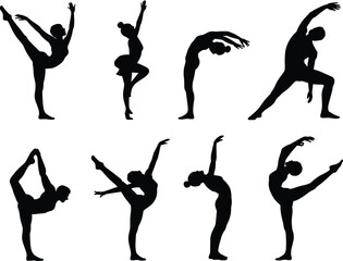 Dance silhouettes, gymnastics poses, ballet movements, expressive posture, high leg extension, backbend figure, black outline, flexibility study, motion reference, body form