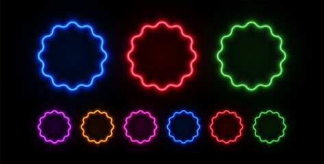 Neon star sticker with vibrant glow effect. Starburst shape badge perfect for sale promotions, discount labels, and price tags on dark backgrounds.
