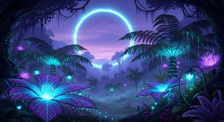Fantasy jungle landscape with glowing plants and a neon portal in the sky