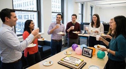 Happy colleagues celebrate project success with cake and drinks in modern office space, fostering teamwork and positive work environment