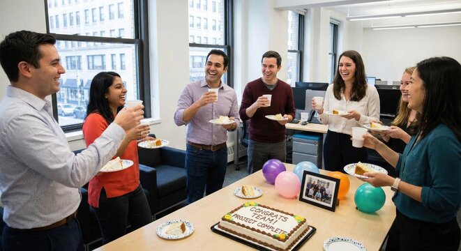 Happy colleagues celebrate project success with cake and drinks in modern office space, fostering teamwork and positive work environment