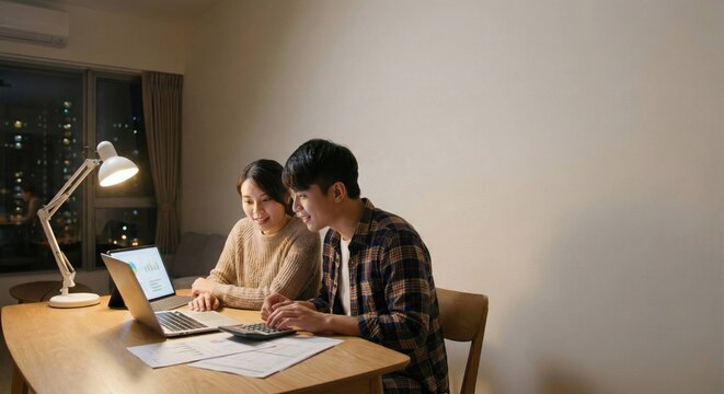 Young Asian couple managing finances together at home with laptop and calculator, planning budget, and saving money in cozy modern apartment