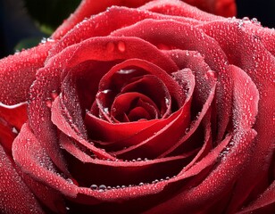 close up of red rose with dew drops on petals