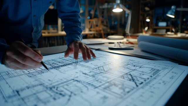 Architectural Designer Revising Blueprint Plans with a Detail-Oriented Approach Under Soft, Ambient Lighting in Studio