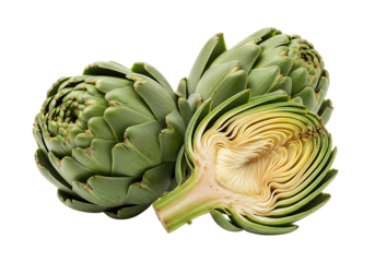 Three fresh green artichokes, one cut in half to show the fibrous interior, isolated on transparent background