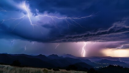 jagged lightning illuminates brooding storm clouds above silhouetted hills dark sky dramatic lighting night photography
