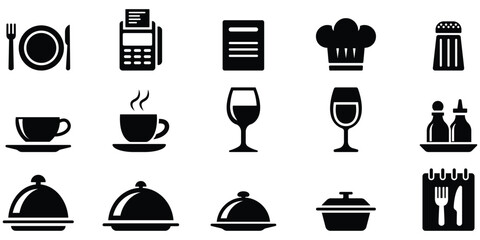 Food service icon set, Restaurant dining symbol collection, Kitchen meal silhouette pack