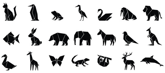 Obraz premium Origami animal silhouette set, Paper craft creature icon collection, Folded animal shape symbol pack