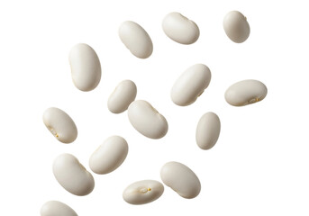 A collection of white navy beans captured midair, appearing to float or fall against a stark transparent background, showcasing their smooth texture