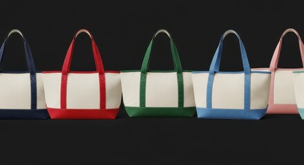 Colorful Assortment of Canvas Tote Bags with Vibrant Navy Red Green Blue Pink Handles Lined Up on Black Background