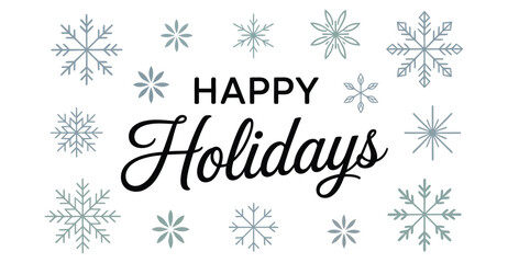 Elegant “Happy Holidays” greeting with symmetrical blue and gray snowflakes – festive winter design for seasonal celebration 