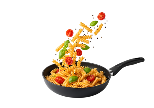 Fusilli pasta with cherry tomato and basil being tossed in a black frying pan, isolated on transparent background
