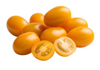 A pile of fresh, ripe yellow oval tomatoes, some whole and two halves showing the juicy interior, isolated on transparent background
