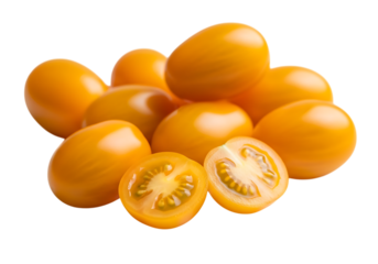 A pile of fresh, ripe yellow oval tomatoes, some whole and two halves showing the juicy interior, isolated on transparent background