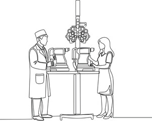 Continuous One Line Drawing of Optometrist Checking Patient Eyes with Phoropter - Ophthalmology Outline Graphic