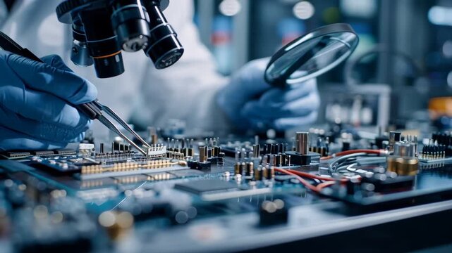 Precision Electronics Assembly Gloved Hands Inspecting Circuit Board Components Under Microscope with Magnifying Glass for Quality Control