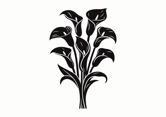 Bouquet of calla flowers, black and white vector silhouette