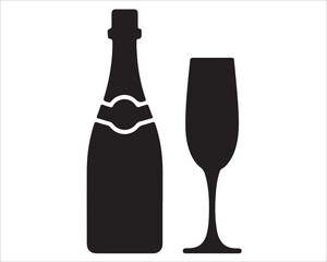 Minimalist champagne bottle and glass icon for celebration and party design