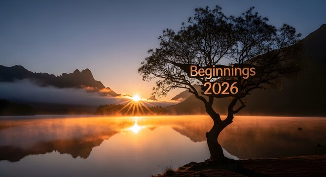 Sunrise over misty lake with tree and mountains, new beginnings 2026