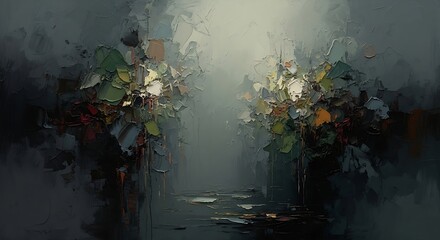 Abstract impressionistic painting of a moody atmospheric landscape with vibrant touches