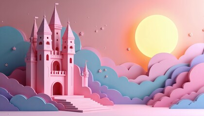 Fototapeta premium Pink fantasy castle with pastel clouds and stars. Gentle sun rises over magical dream landscape. Ideal for children book covers or fantasy story backgrounds.