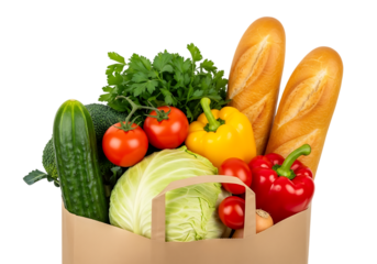 A brown paper grocery bag filled with fresh produce including bread, tomatoes, peppers, cucumber, cabbage, broccoli, and parsley, isolated on transparent background