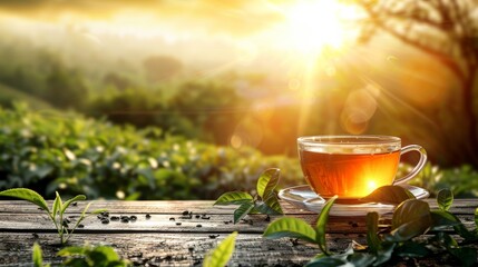 A refreshing cup of tea accompanied by tea leaves set against a serene natural backdrop