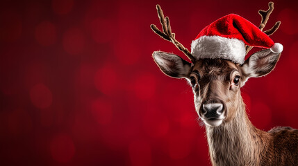 Elegant reindeer close-up portrait, wearing Santa hat, festive Christmas red background with copy space.