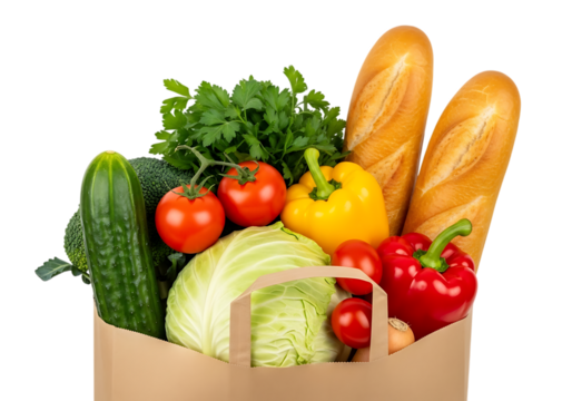 A brown paper grocery bag filled with fresh produce including bread, tomatoes, peppers, cucumber, cabbage, broccoli, and parsley, isolated on transparent background