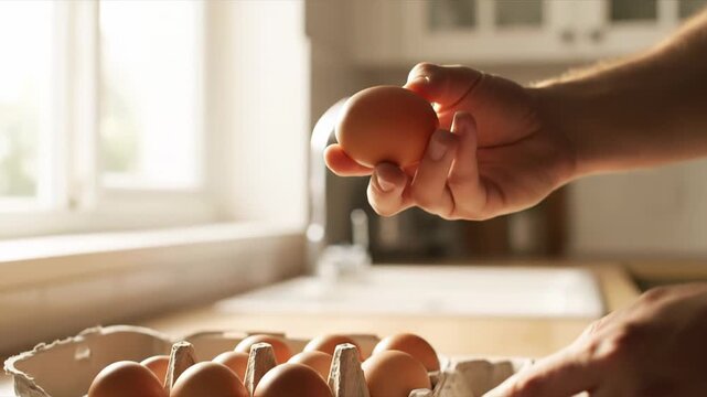 Man's hands picking up a farm fresh egg from a container in a bright and airy kitchen, getting ready to cook a nutritious breakfast - Powered by Adobe