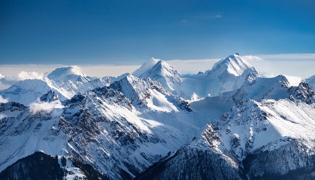 majestic snow covered mountain range with rugged peaks under a bright sky