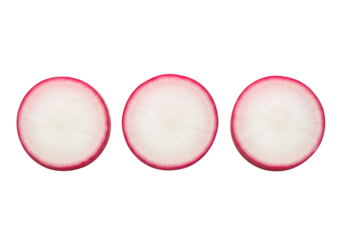 Three perfectly round slices of fresh red radish showing the white interior flesh and thin pinkred skin edge, isolated on transparent background