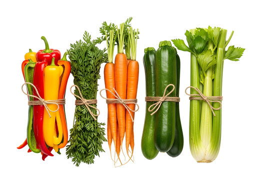 Assortment of fresh, vibrant vegetables including bell peppers, parsley, carrots, zucchini, and celery tied with twine, isolated on transparent background