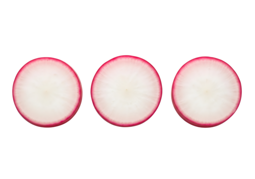 Three perfectly round slices of fresh red radish showing the white interior flesh and thin pinkred skin edge, isolated on transparent background