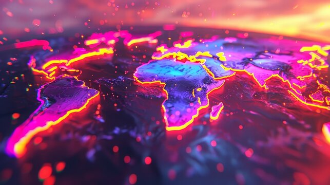Futuristic abstract map illustrating globalization and geopolitics in a high tech virtual network