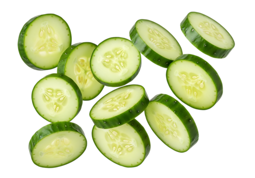 Freshly sliced cucumber rounds scattered on a transparent background, showcasing their vibrant green skin and pale green, seedfilled interior