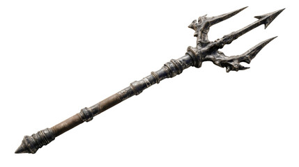 An ancient metal demon trident isolated on a white background, a scary dark weapon with sharp points, a devil pitchfork prop, a fantasy horror object for halloween.