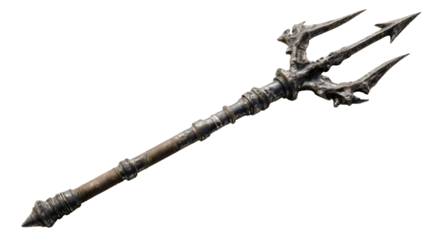 An ancient metal demon trident isolated on a white background, a scary dark weapon with sharp points, a devil pitchfork prop, a fantasy horror object for halloween.
