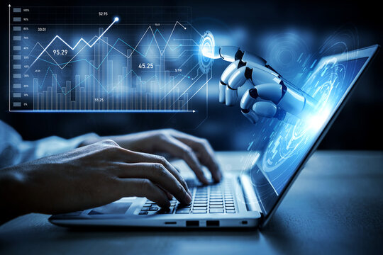 A modern laptop with a human hand typing while a robotic hand gestures towards data visualization. This image captures the essence of technology and artificial intelligence in a workspace. Scalp