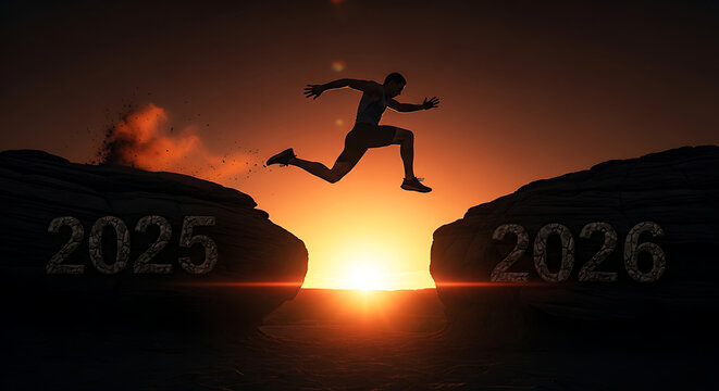 Man Jumps from 2025 to 2026 in a Motivational Image - Powered by Adobe