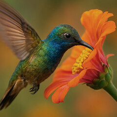 Obraz premium Vibrant Hummingbird with Iridescent Feathers Feeding on Bright Orange Flower