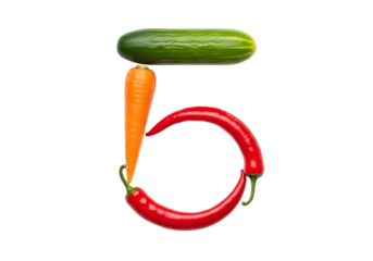 Number five shape created from fresh vegetables including a cucumber, carrot, and two red chili peppers isolated on transparent background